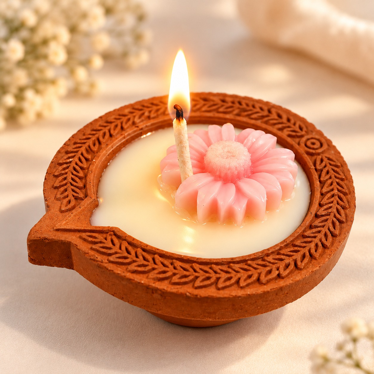 Decorative Diya-Shaped Floral Candles – Set of 4